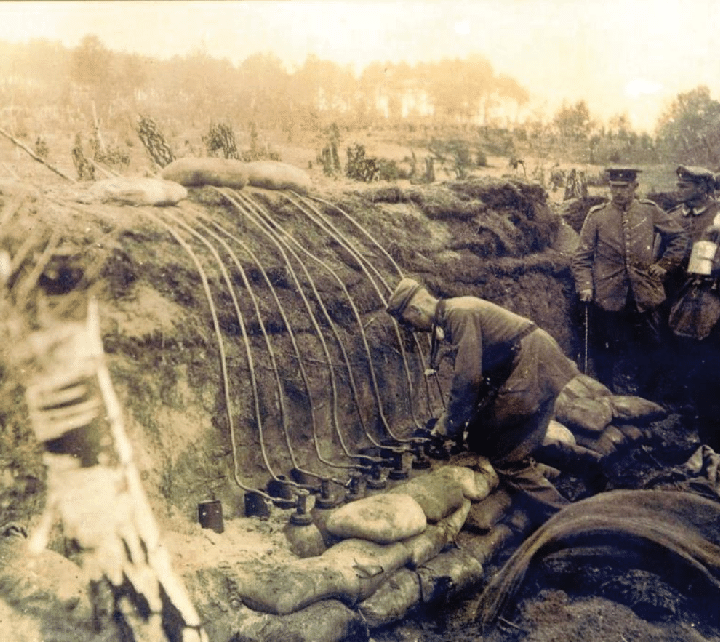 German battery of chlorine gas cylinders being prepared for an attack awaiting the right